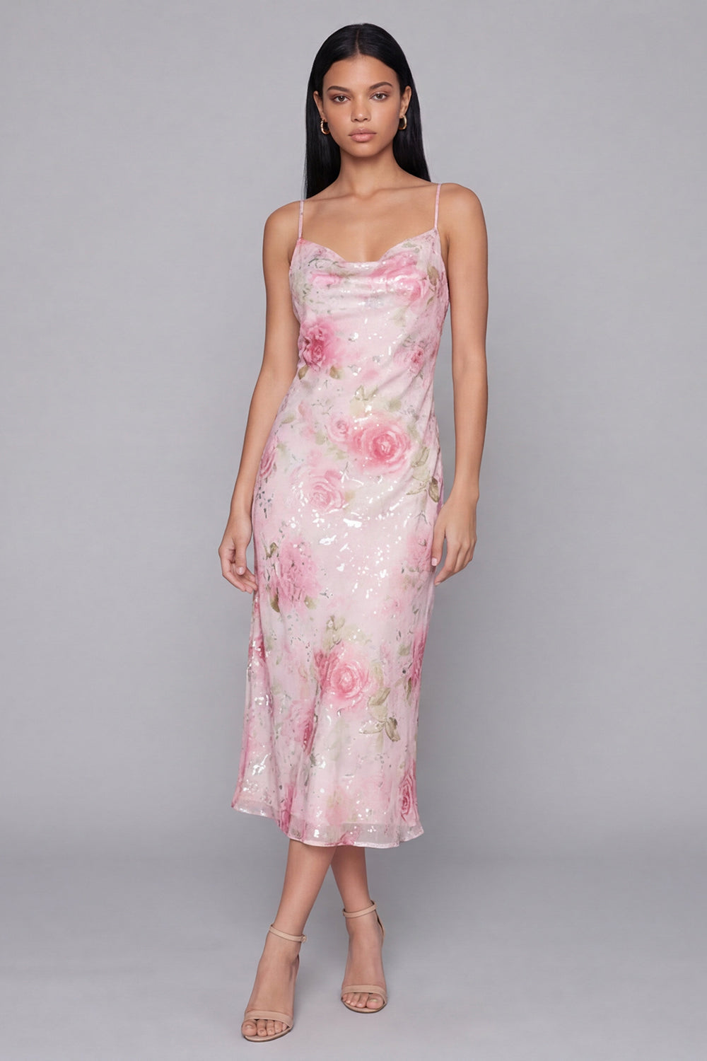 Spaghetti Straps Sparkly Pink Floral Maxi Bodycon Formal Dress