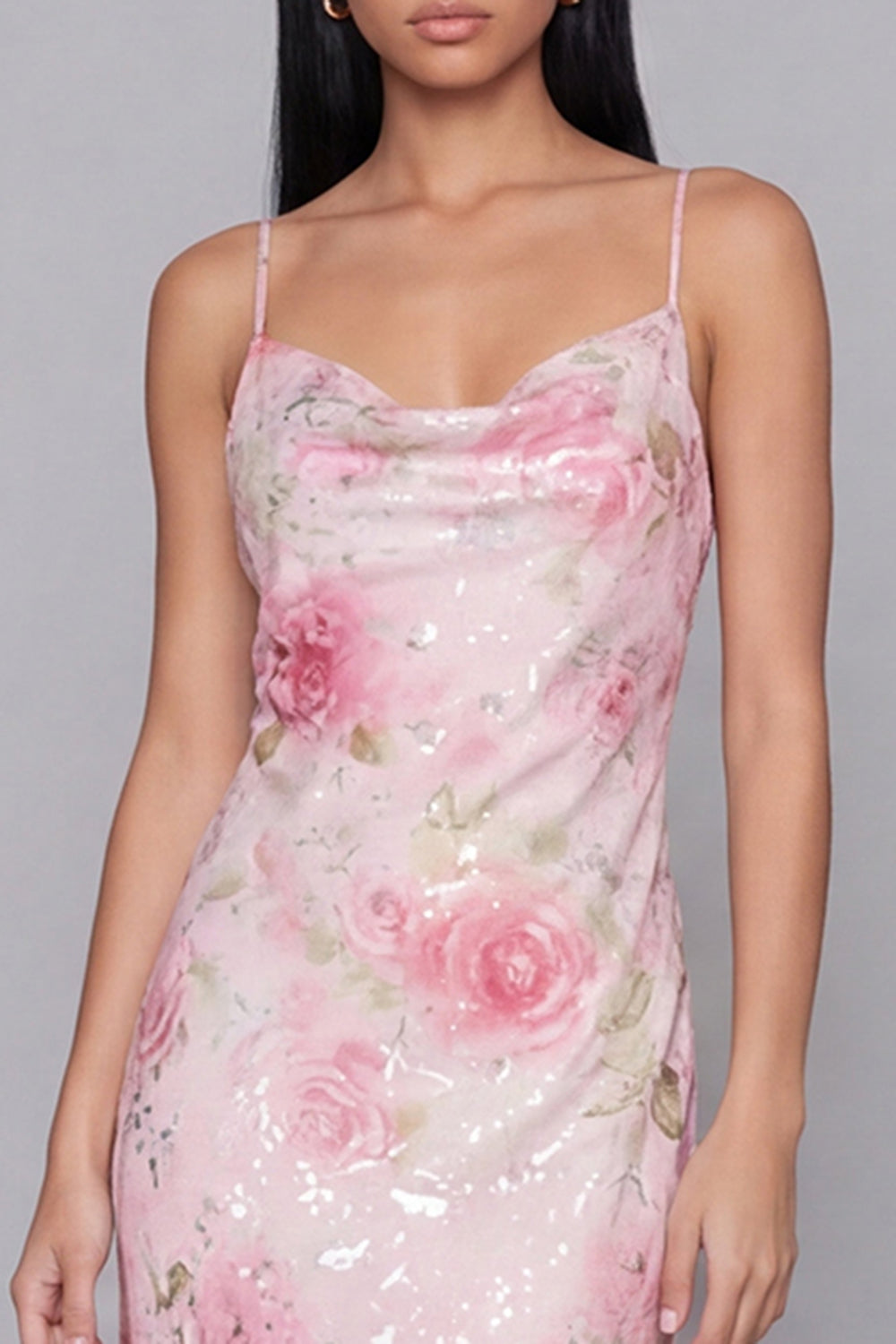 Spaghetti Straps Sparkly Pink Floral Maxi Bodycon Formal Dress