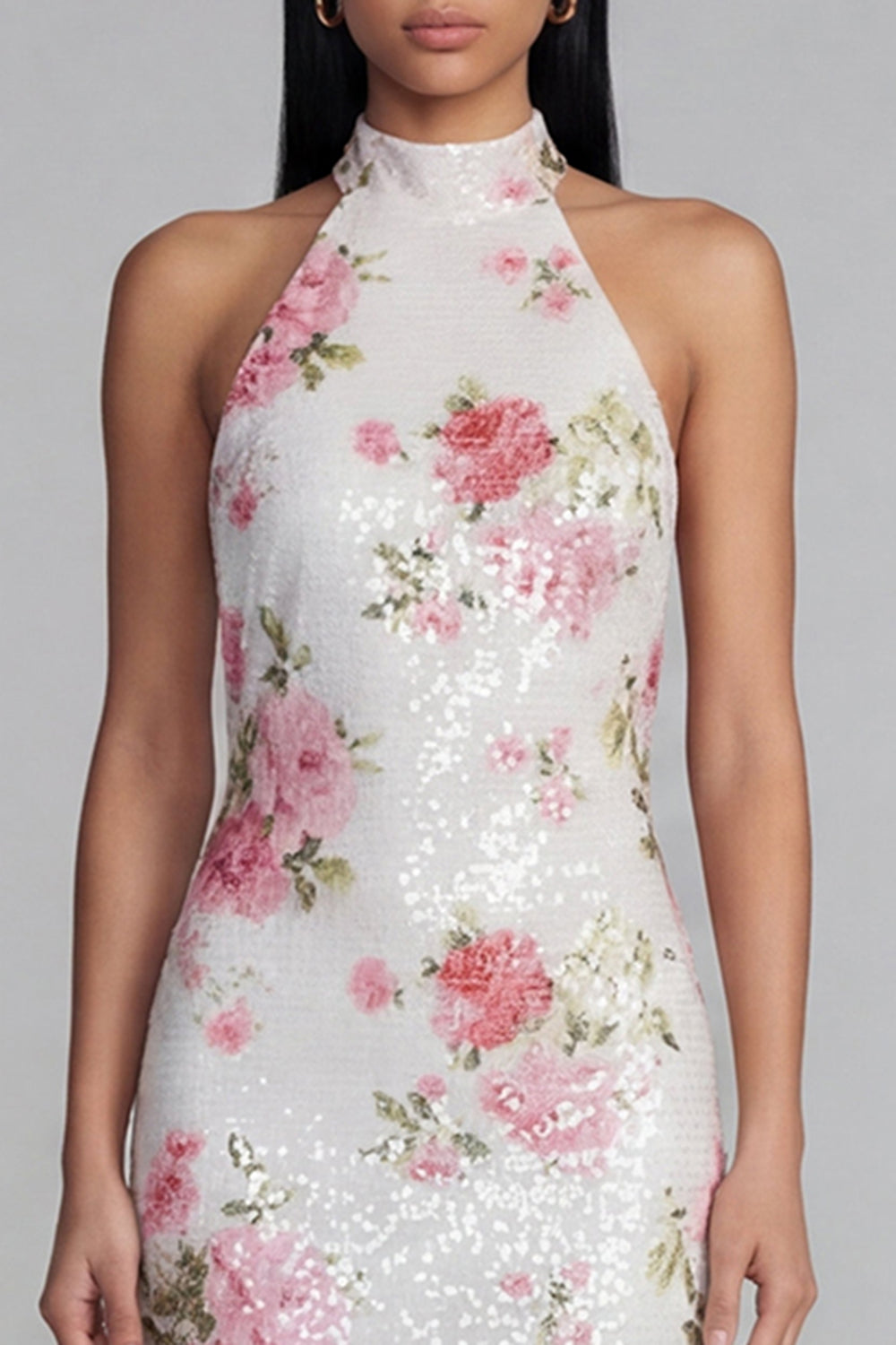 Sparkly Pink Flower Maxi Sequin Sheath Floral Formal Dress