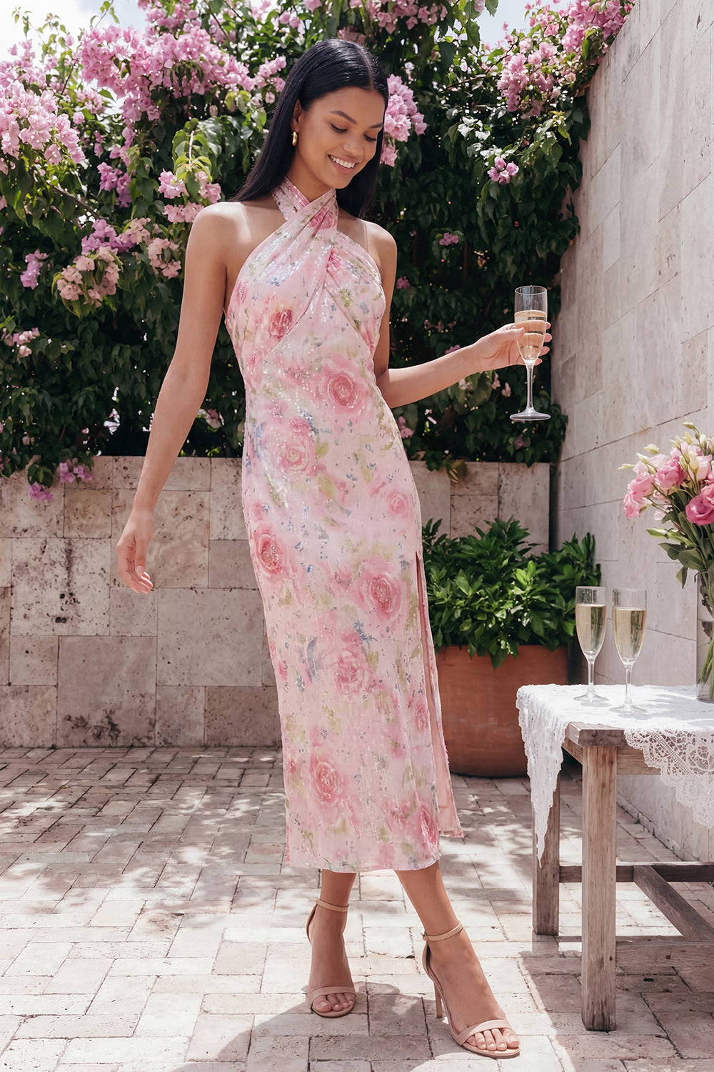 Sparkly Pink Maxi Halter Floral Formal Dress with Slit