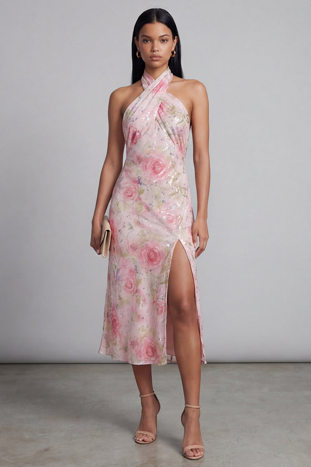 Sparkly Pink Maxi Halter Floral Formal Dress with Slit