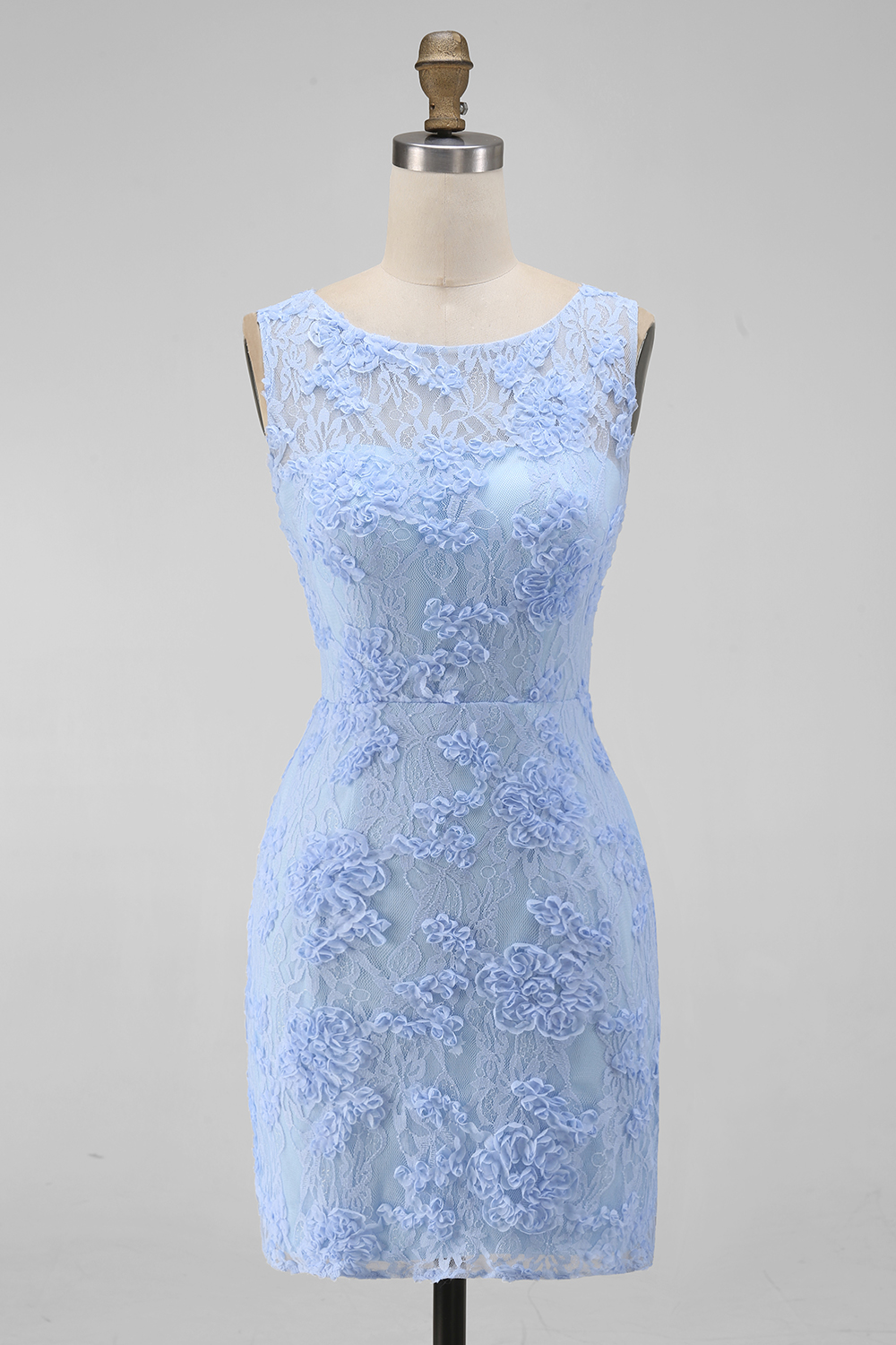 Boat Neck Blue Floral Tight Short Formal Dress