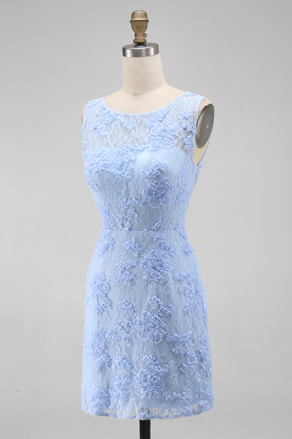 Boat Neck Blue Floral Tight Short Formal Dress