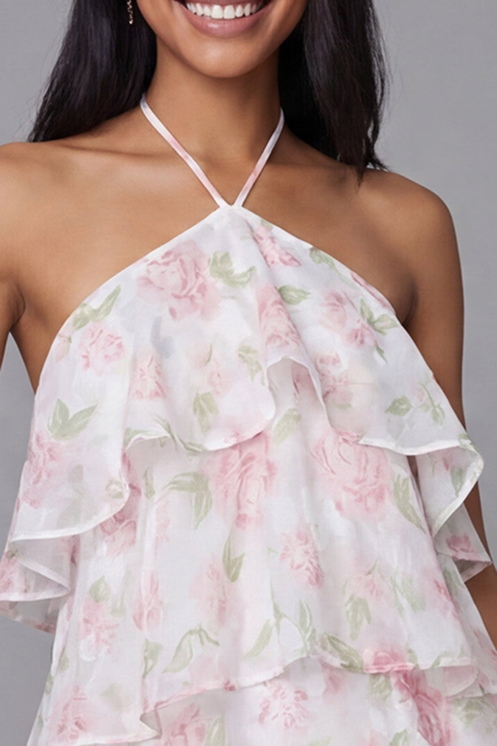 Floral White Pink Flower Short A Line Formal Dress with Ruffles