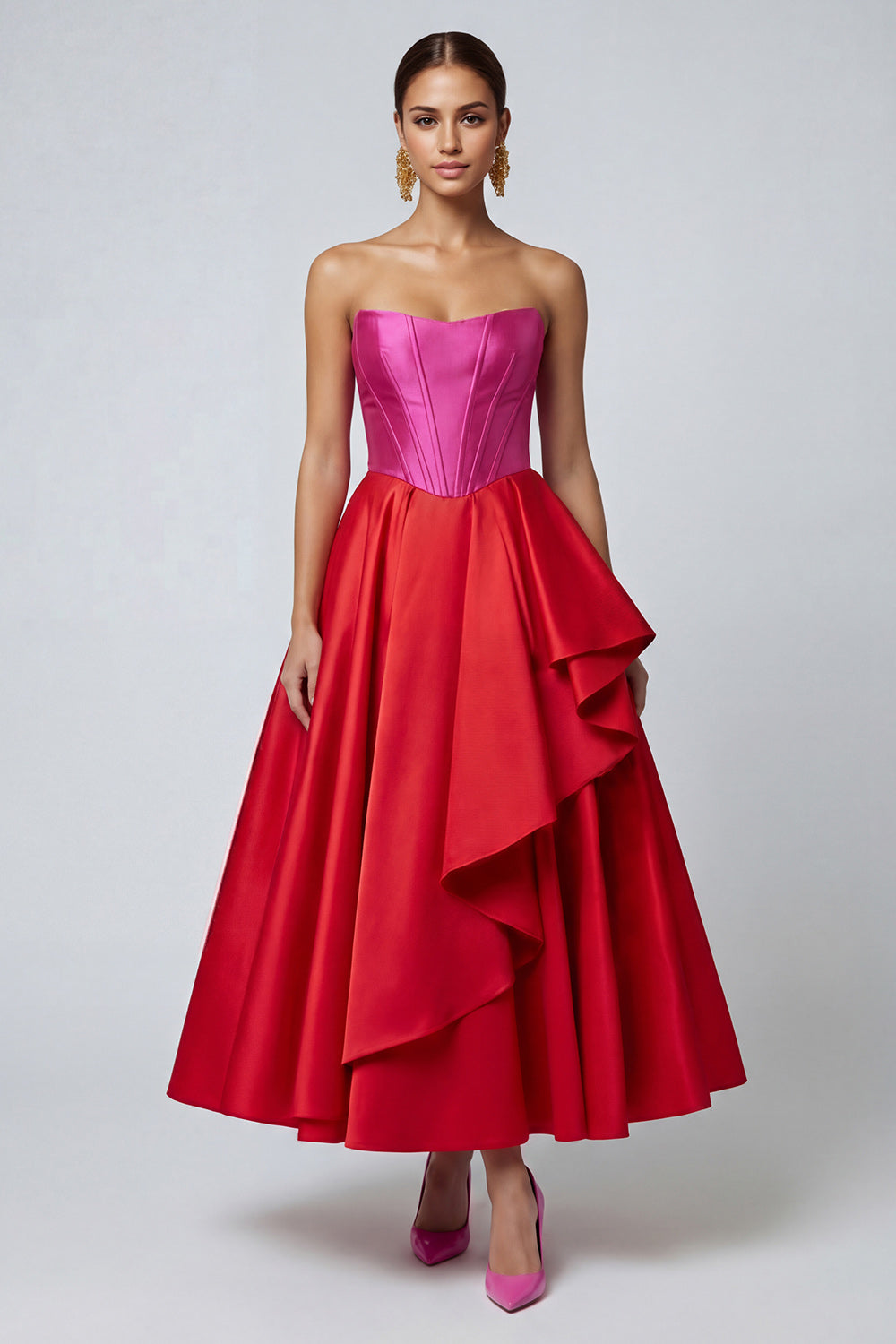 Fuchsia and Red A Line Patchwork Corset Ruffled Long Formal Dress