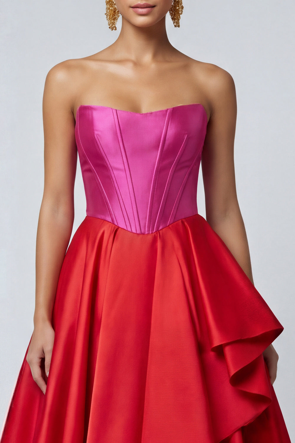 Fuchsia and Red A Line Patchwork Corset Ruffled Long Formal Dress