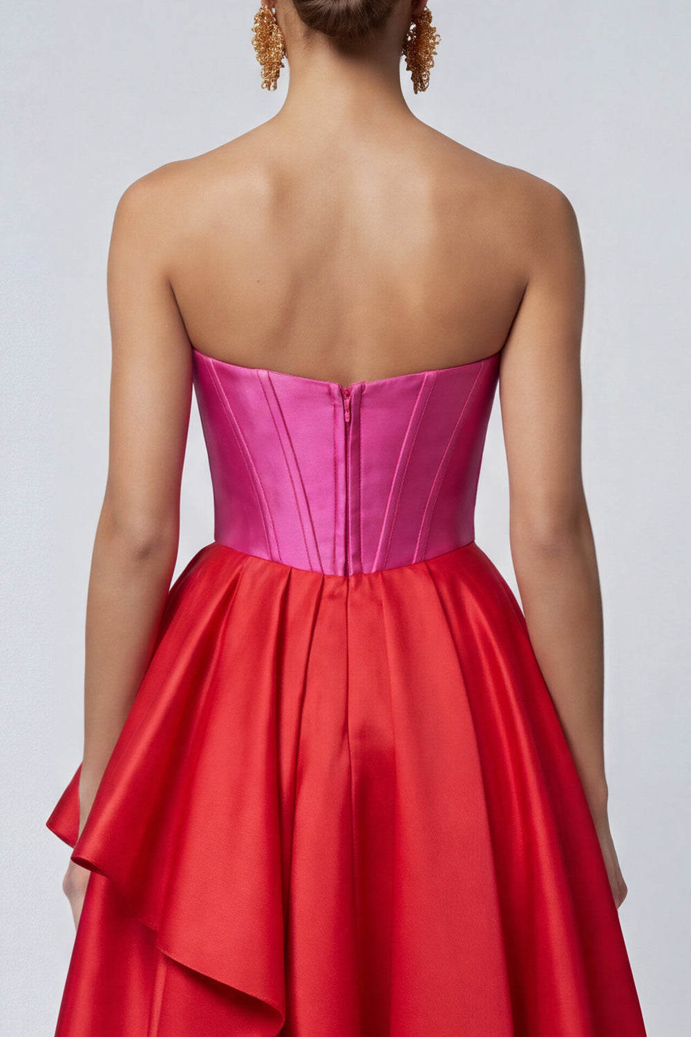 Fuchsia and Red A Line Patchwork Corset Ruffled Long Formal Dress