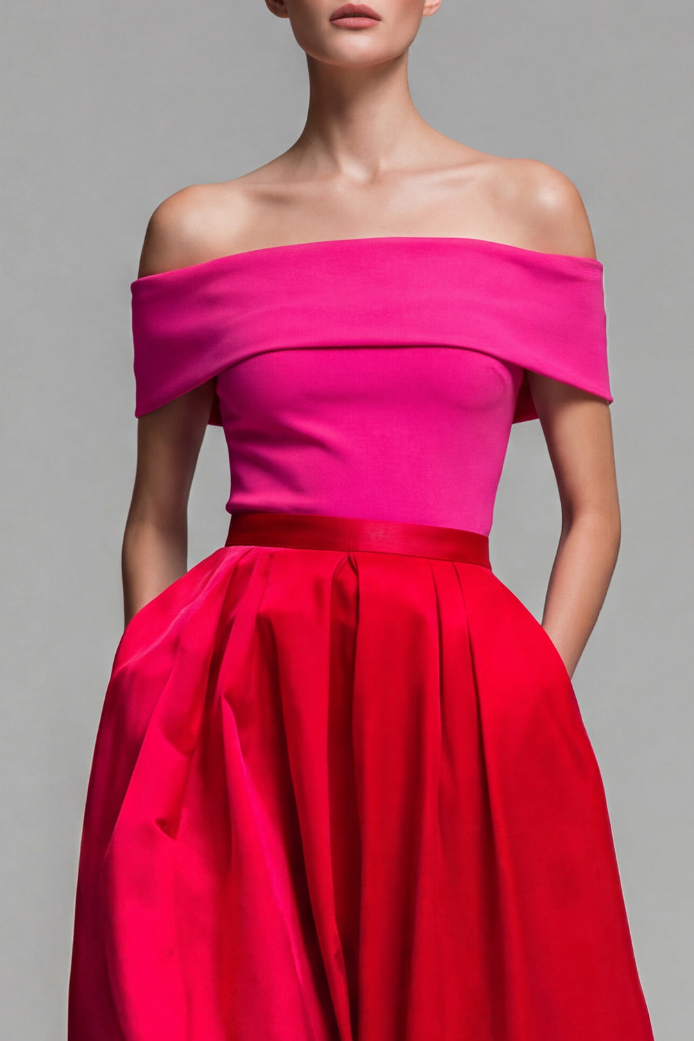 Fuchsia and Red A Line Off the Shoulder Long Patchwork Formal Dress
