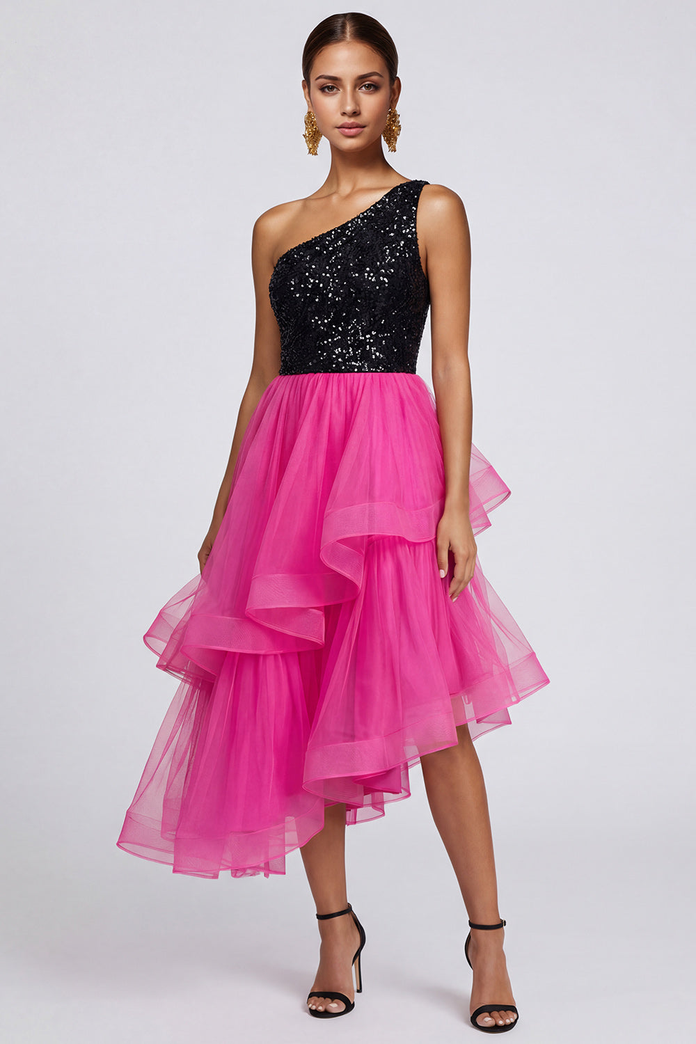 Sparkly Fuchsia and Black Asymmetrical One Shoulder Patchwork A Line Formal Dress
