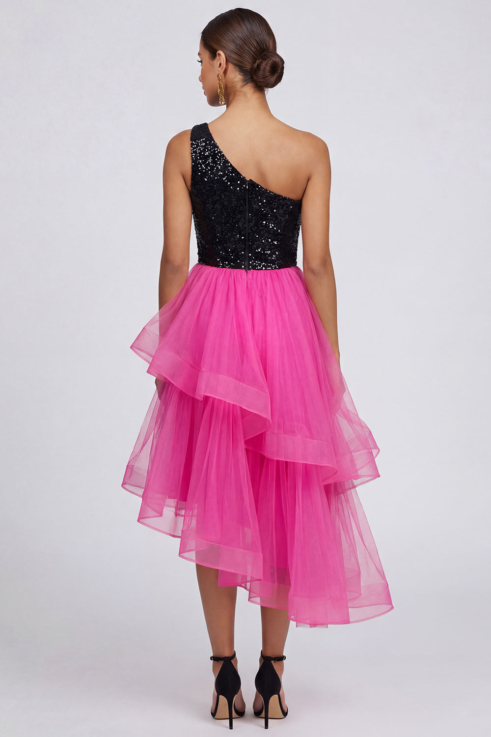 Sparkly Fuchsia and Black Asymmetrical One Shoulder Patchwork A Line Formal Dress