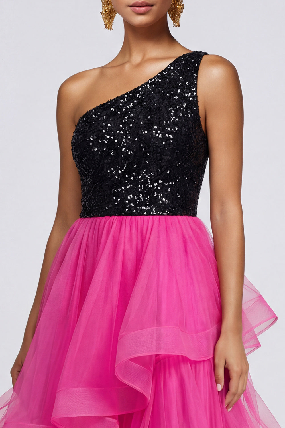 Sparkly Fuchsia and Black Asymmetrical One Shoulder Patchwork A Line Formal Dress