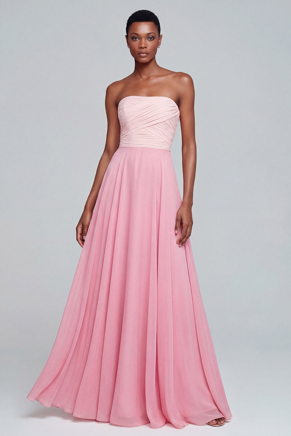Pink A Line Strapless Ruched Patchwork Long Formal Dress