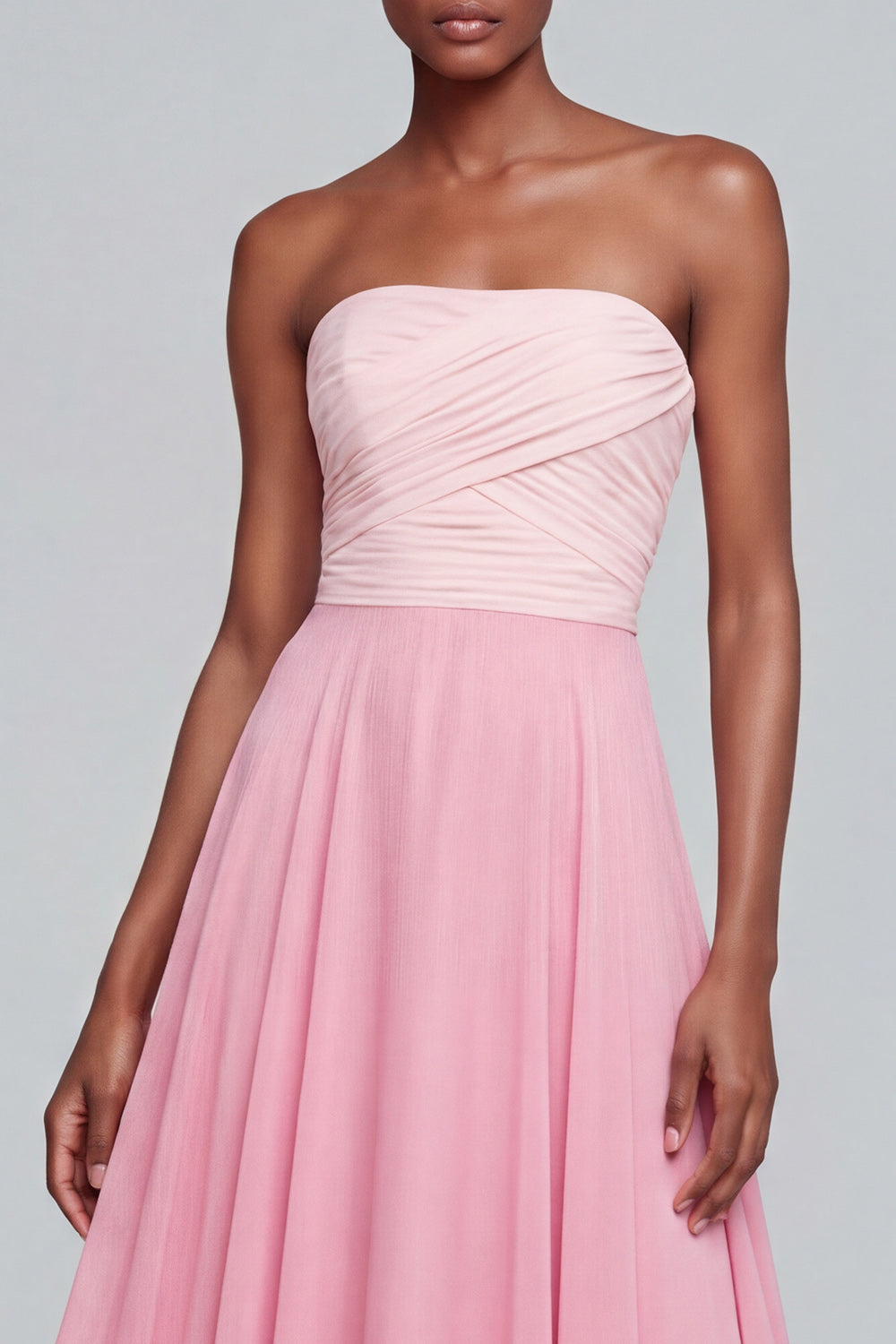 Pink A Line Strapless Ruched Patchwork Long Formal Dress