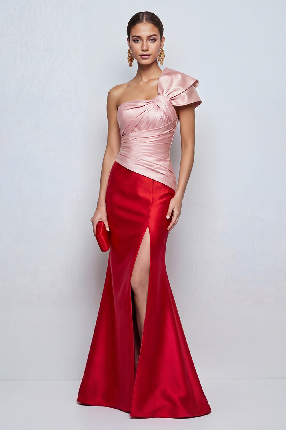 Pink and Red Patchwork Mermaid Long Formal Dress with Slit