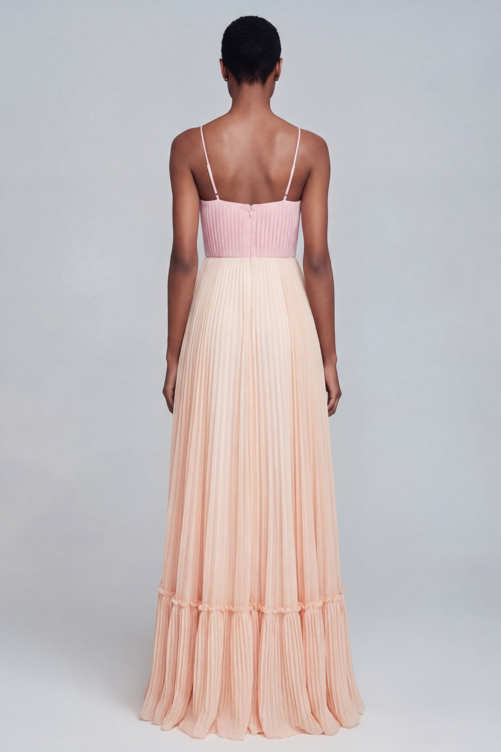 Pink and Champagne Patchwork Pleated Spaghetti Straps Long Formal Dress