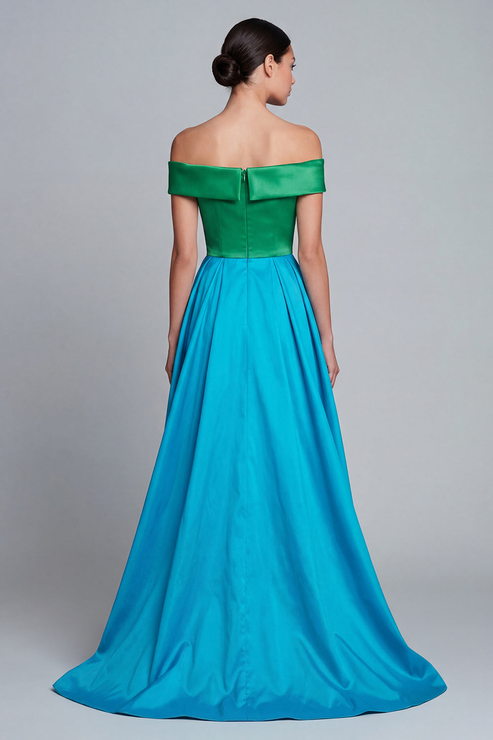 Green and Blue Patchwork A Line Off the Shoulder High Low Formal Dress