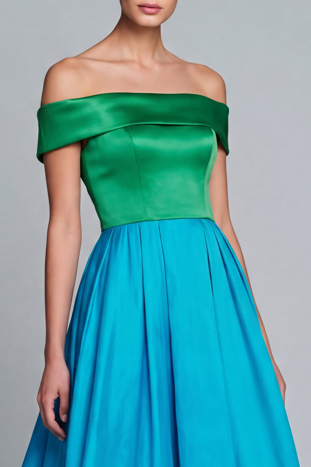 Green and Blue Patchwork A Line Off the Shoulder High Low Formal Dress