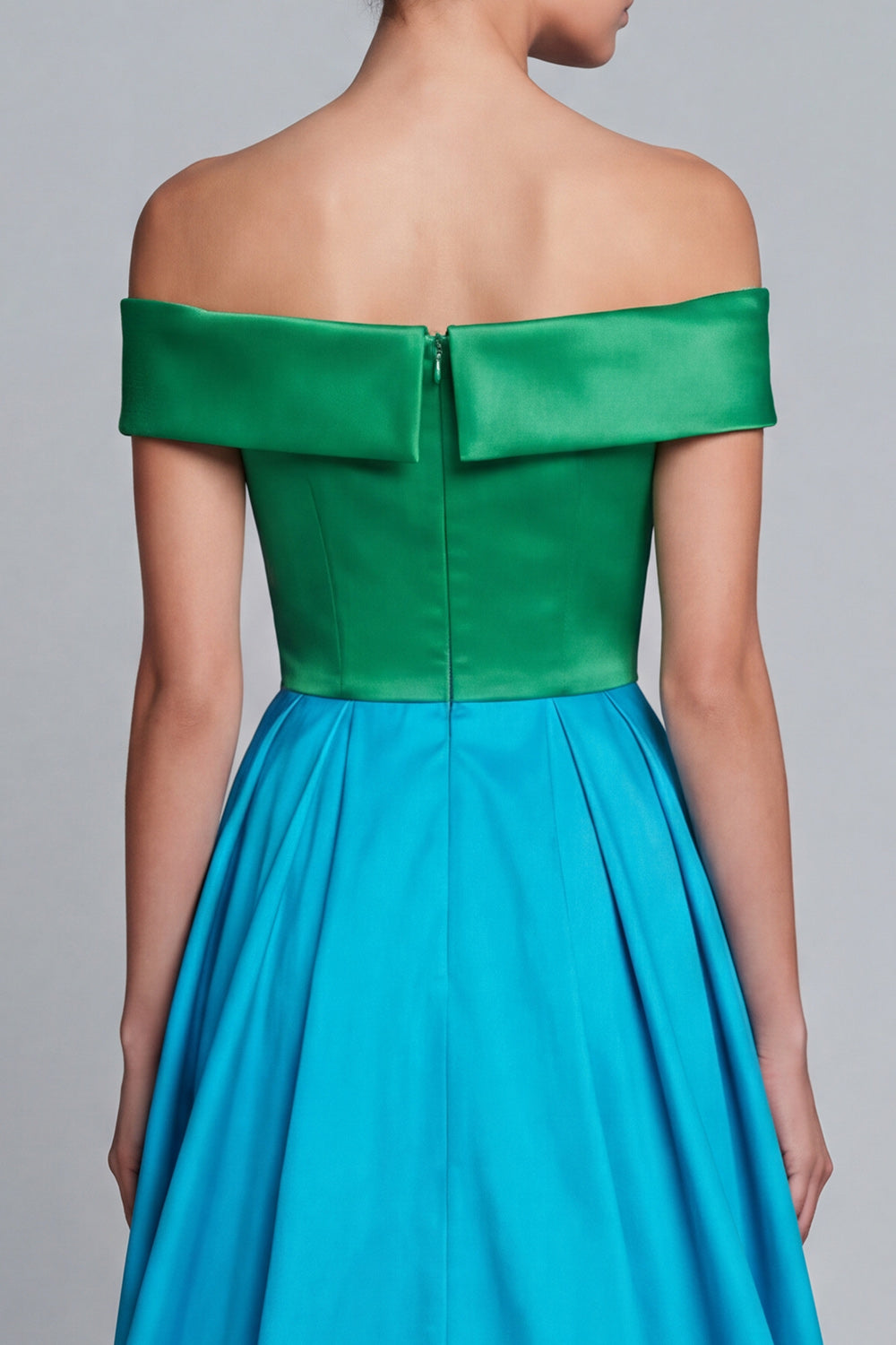 Green and Blue Patchwork A Line Off the Shoulder High Low Formal Dress