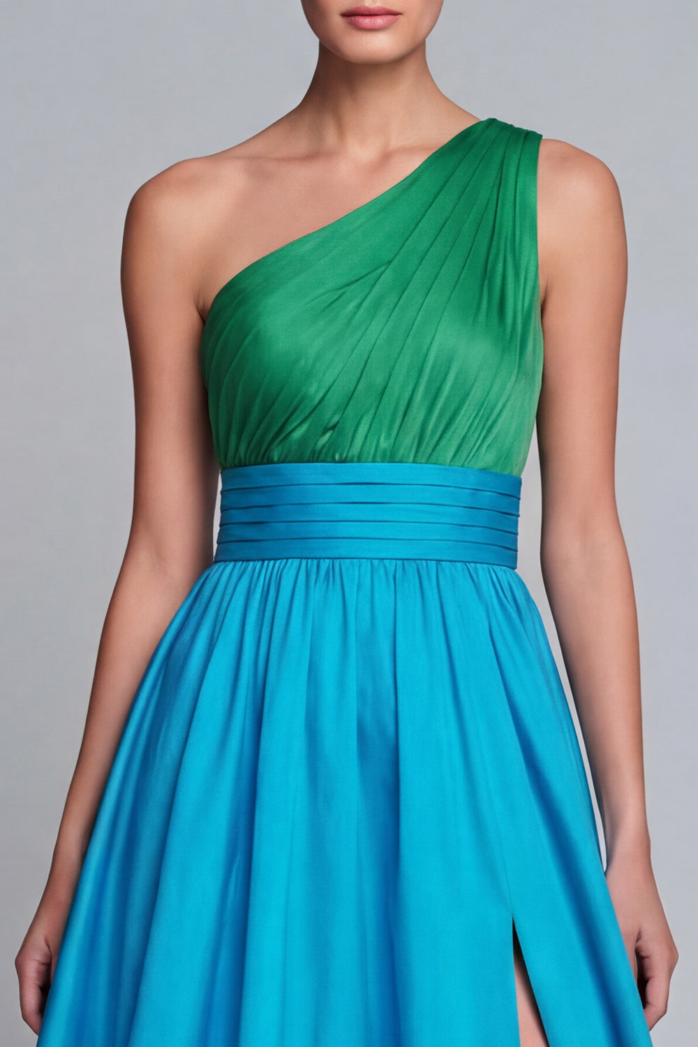 Green and Blue A Line One Shoulder Patchwork Long Formal Dress with Slit