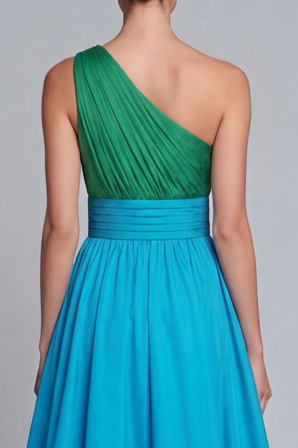 Green and Blue A Line One Shoulder Patchwork Long Formal Dress with Slit