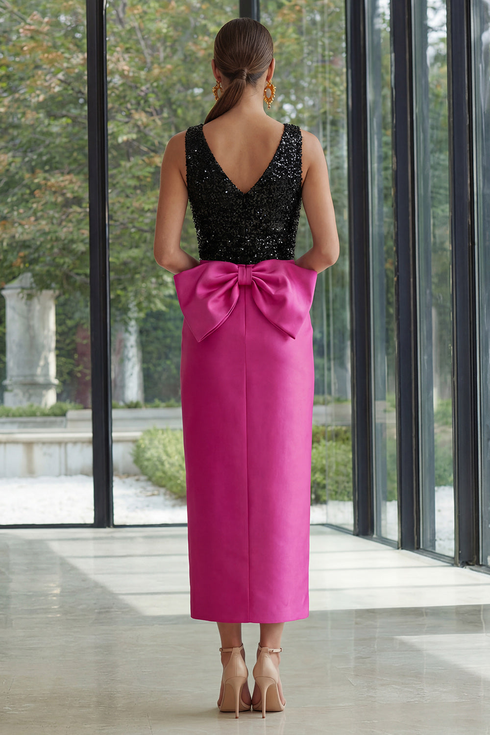 Fuchsia and Black Sheath Sparkly Patchwork Maxi Formal Dress with Slit
