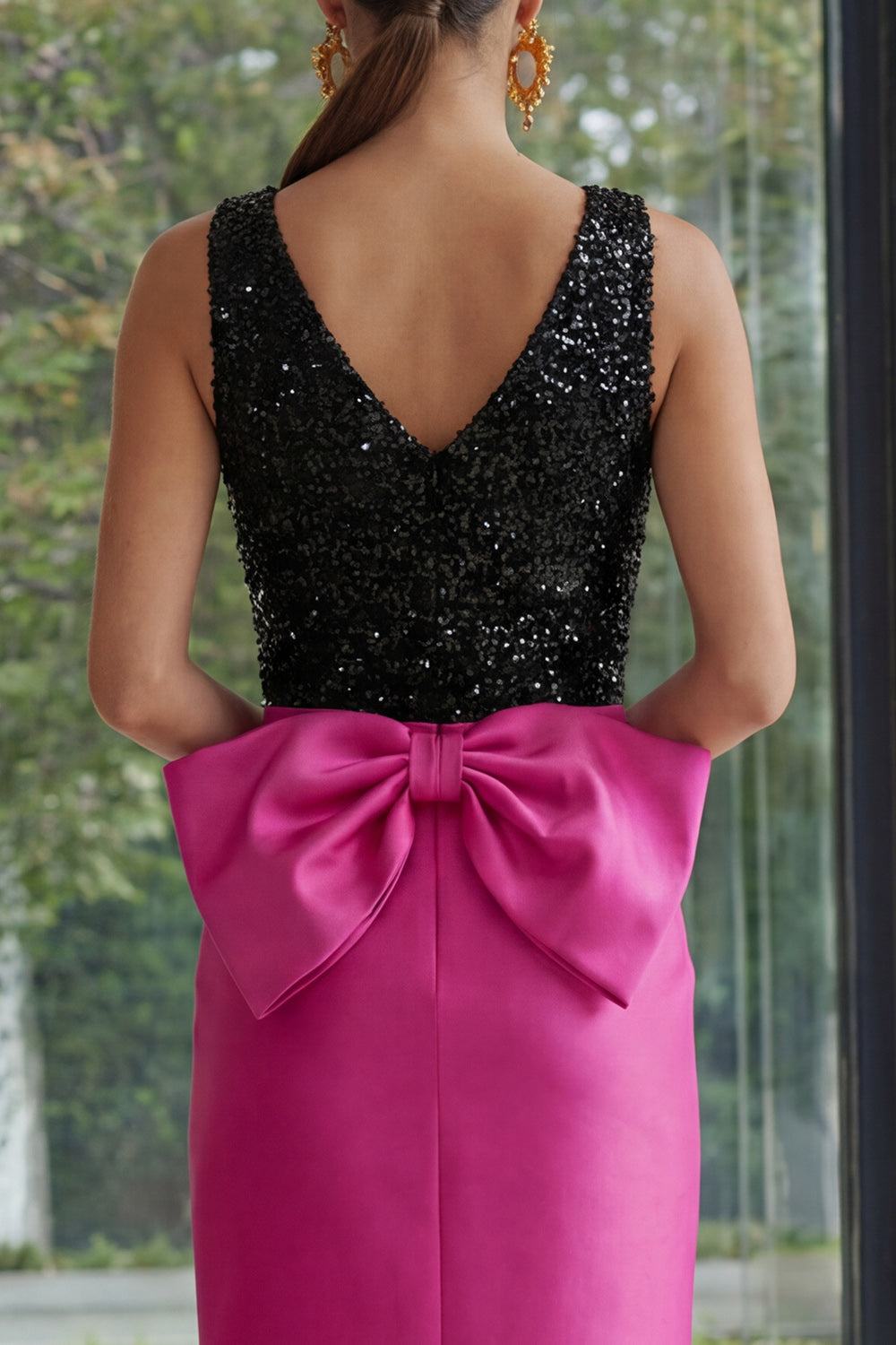 Fuchsia and Black Sheath Sparkly Patchwork Maxi Formal Dress with Slit
