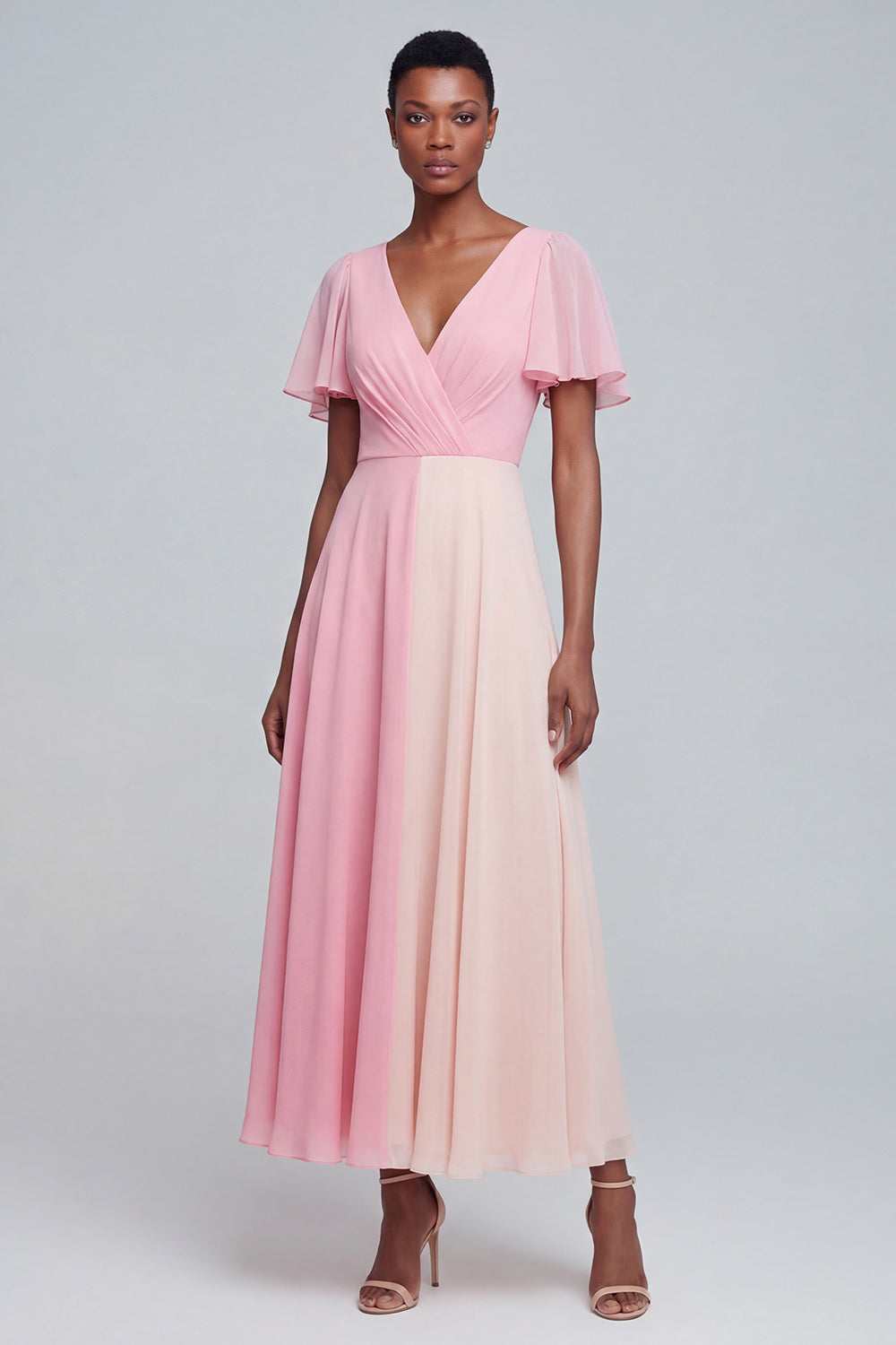 Pink V Neck Patchwork A Line Flutter Sleeves Long Formal Dress