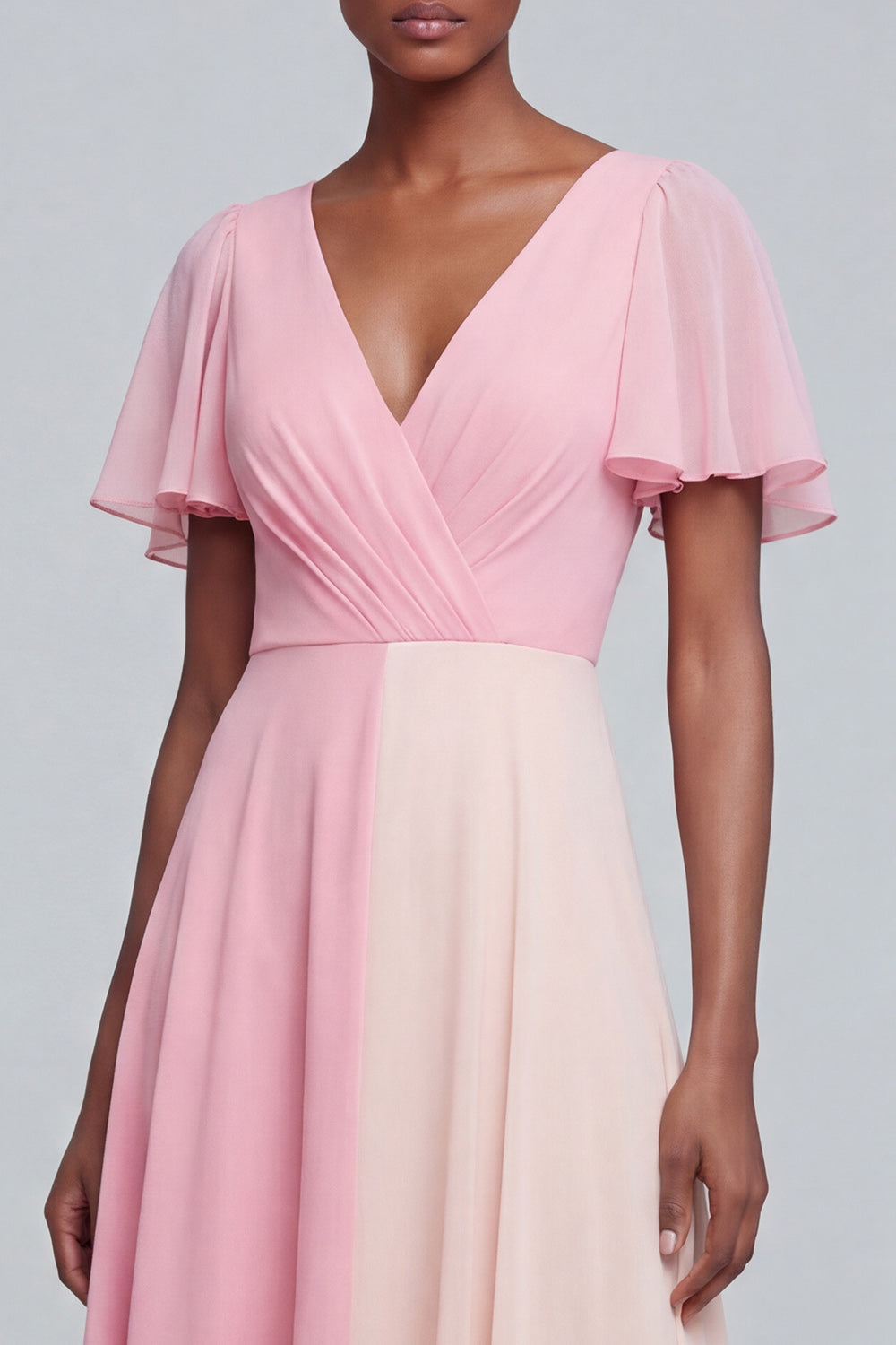 Pink V Neck Patchwork A Line Flutter Sleeves Long Formal Dress