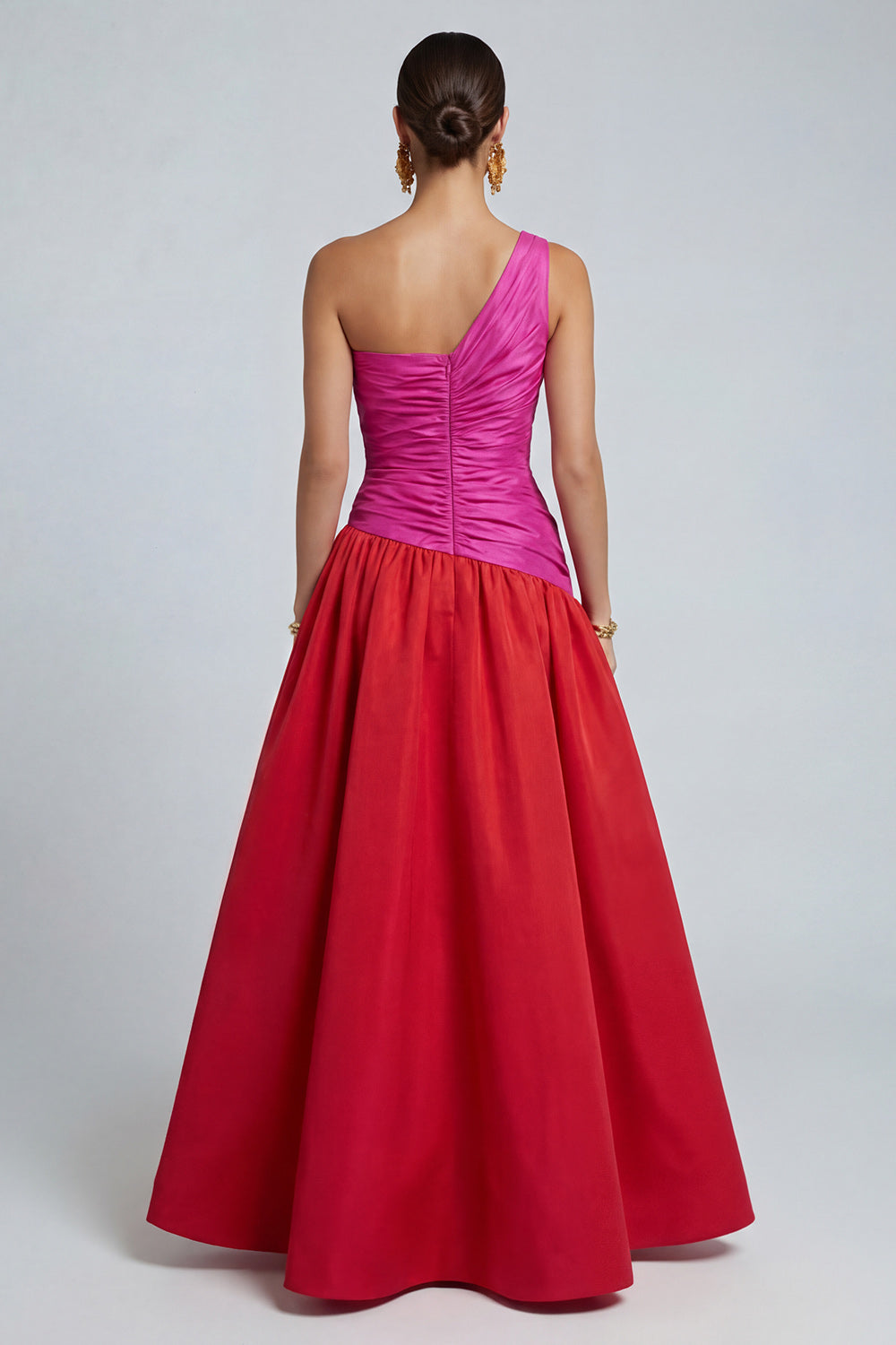 Fuchsia and Red A Line Patchwork Long Formal Dress with Slit