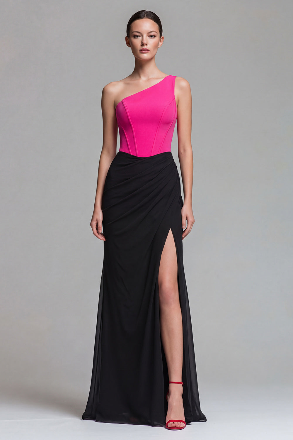 Fuchsia and Black Patchwork One Shoulder Corset Long Mermaid Formal Dress