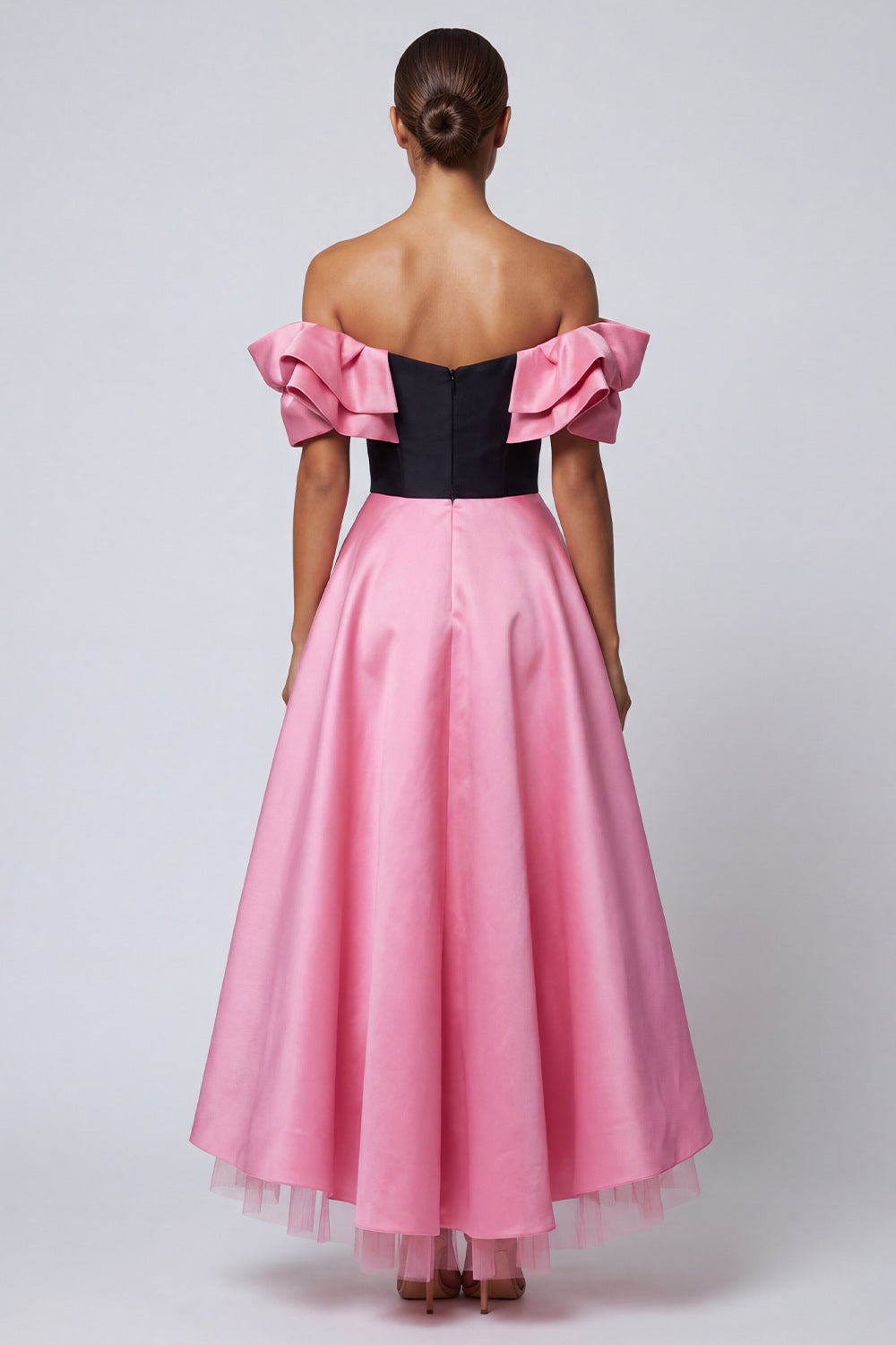 Black and Pink Off the Shoulder A Line Long Patchwork Formal Dress with Ruffles