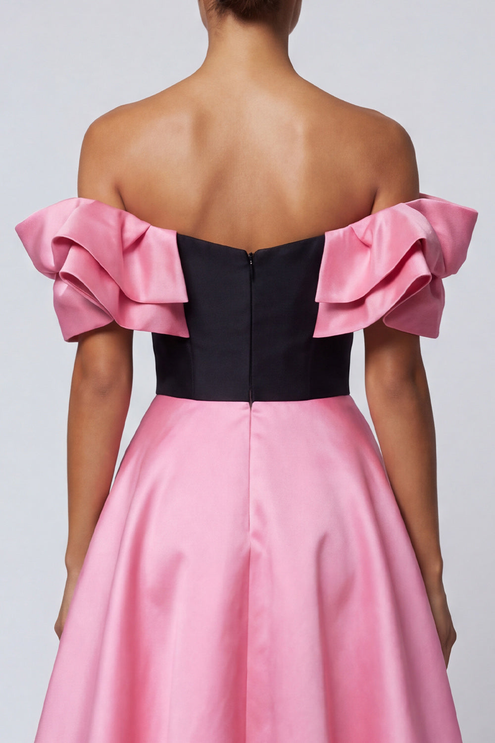 Black and Pink Off the Shoulder A Line Long Patchwork Formal Dress with Ruffles