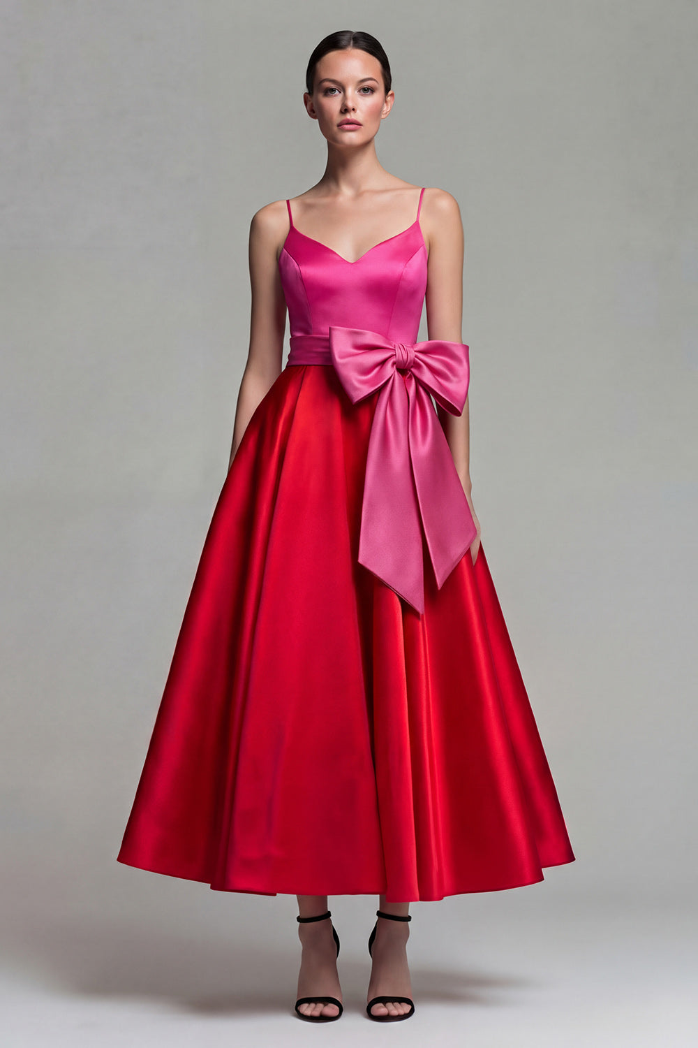 Fuchsia and Red A Line Patchwork Spaghetti Straps Long Formal Dress with Bow