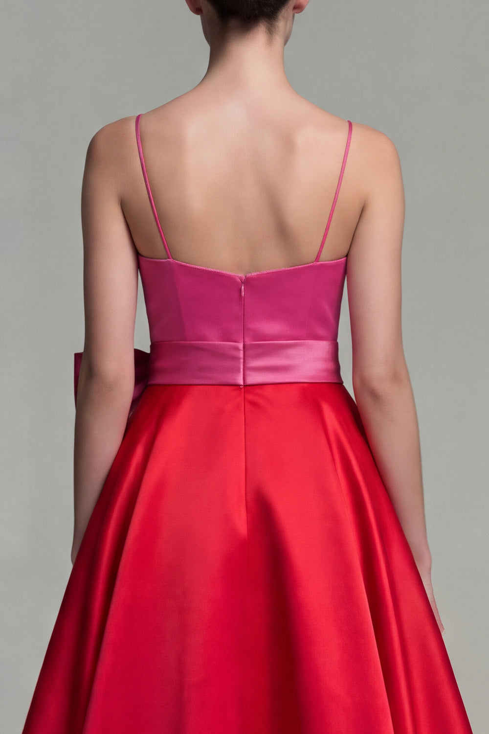 Fuchsia and Red A Line Patchwork Spaghetti Straps Long Formal Dress with Bow
