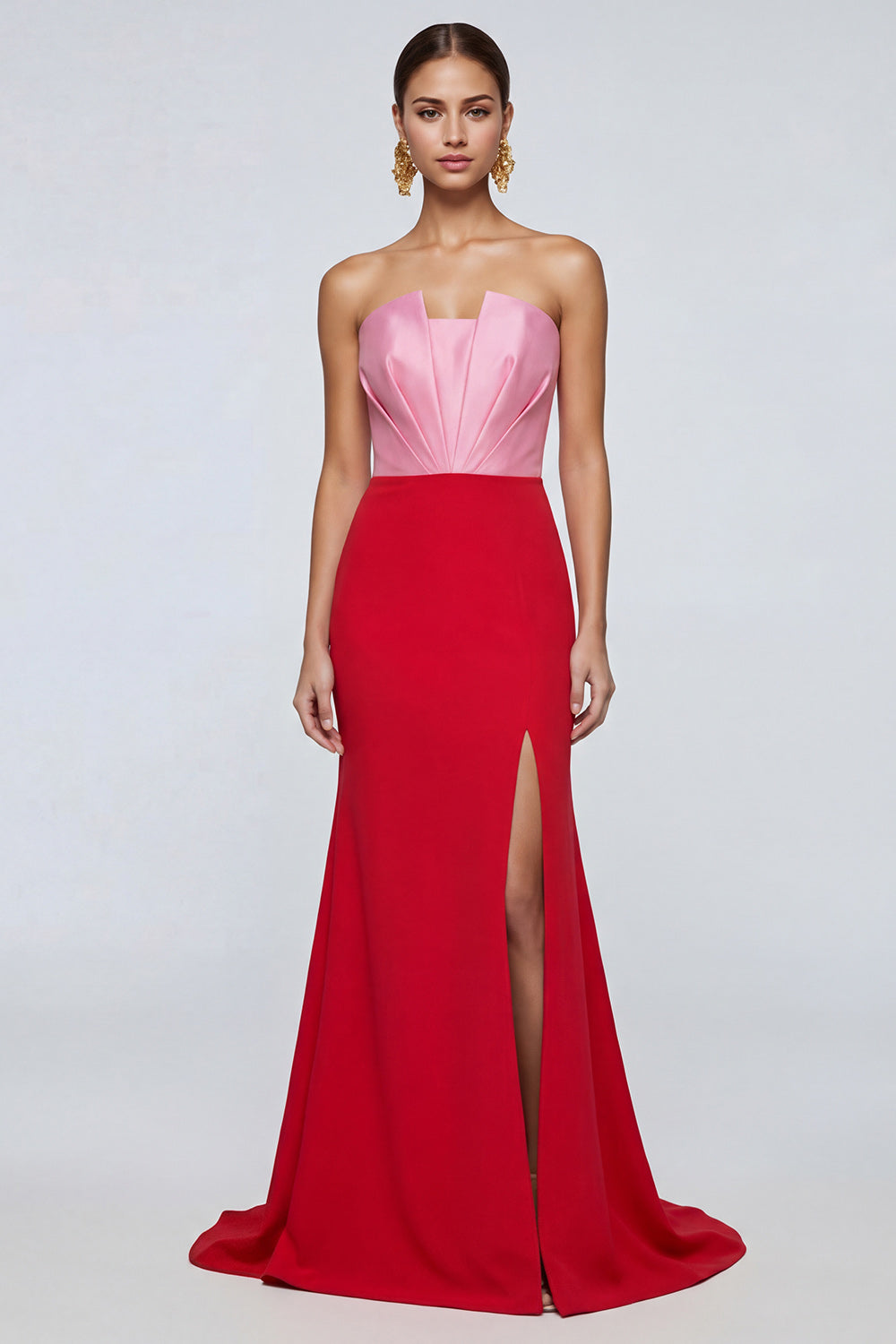 Pink and Red Mermaid Patchwork Strapless Long Formal Dress with Slit