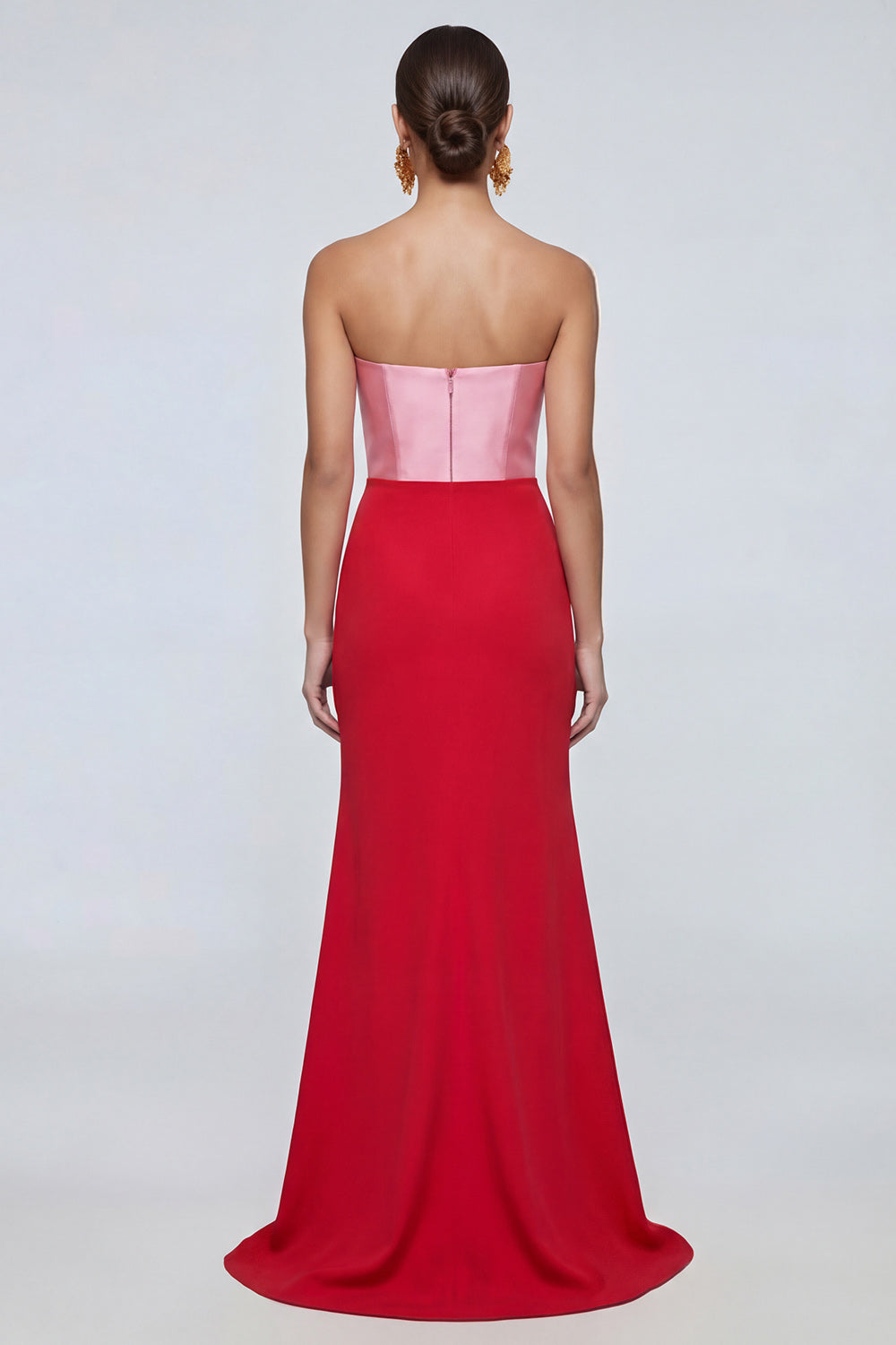 Pink and Red Mermaid Patchwork Strapless Long Formal Dress with Slit