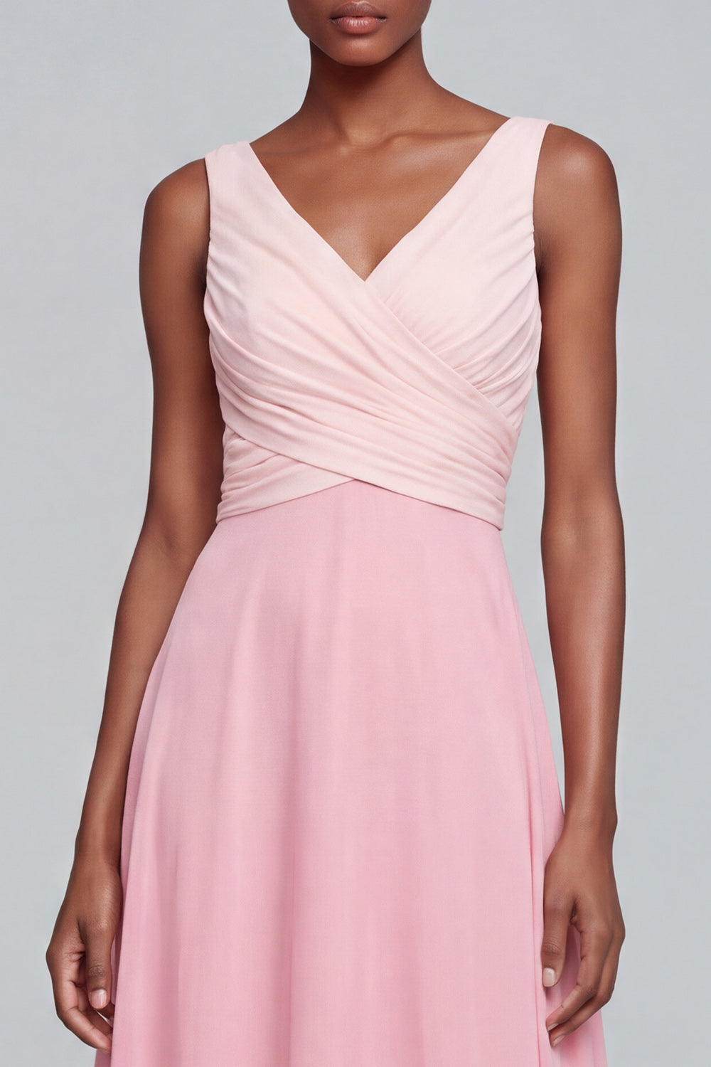 Pink A Line V Neck Ruched Long Patchwork Formal Dress