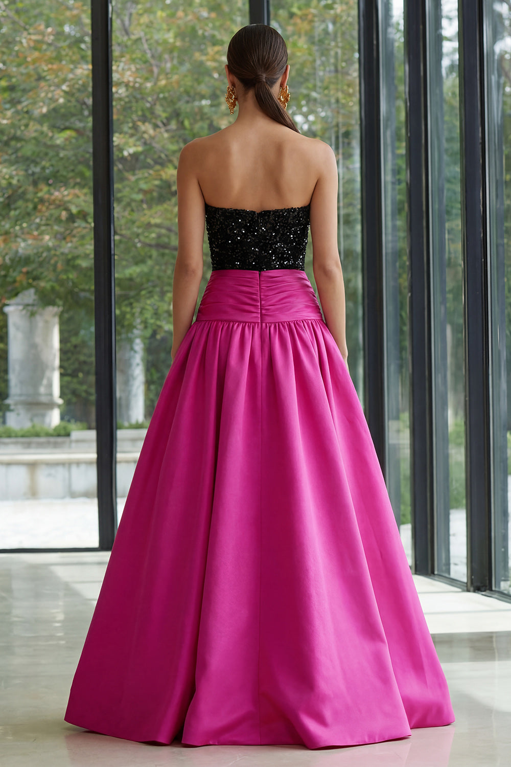Sparkly Fuchsia and Black A Line Strapless Long Patchwork Formal Dress