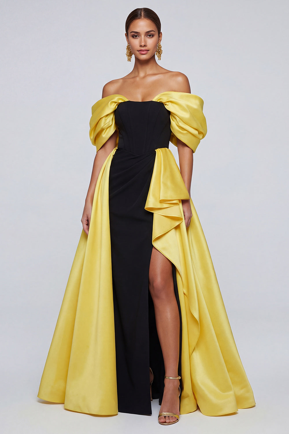 Black and Yellow Off the Shoulder Long Patchwork Ruffled Formal Dress with Slit