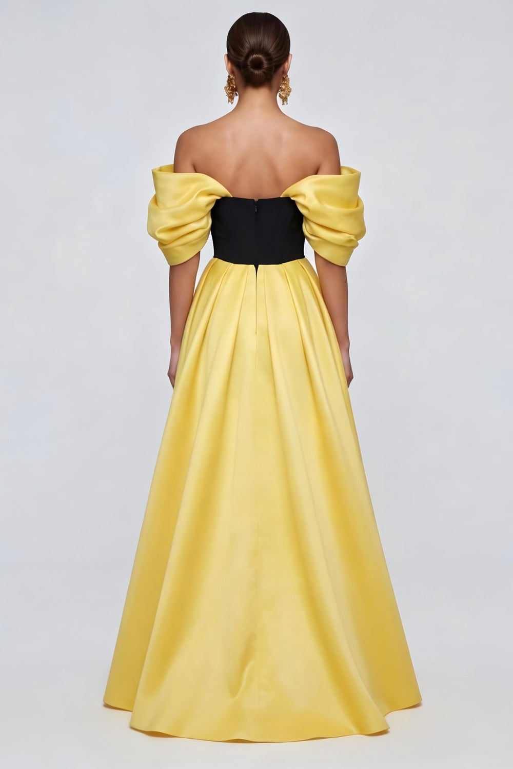 Black and Yellow Off the Shoulder Long Patchwork Ruffled Formal Dress with Slit