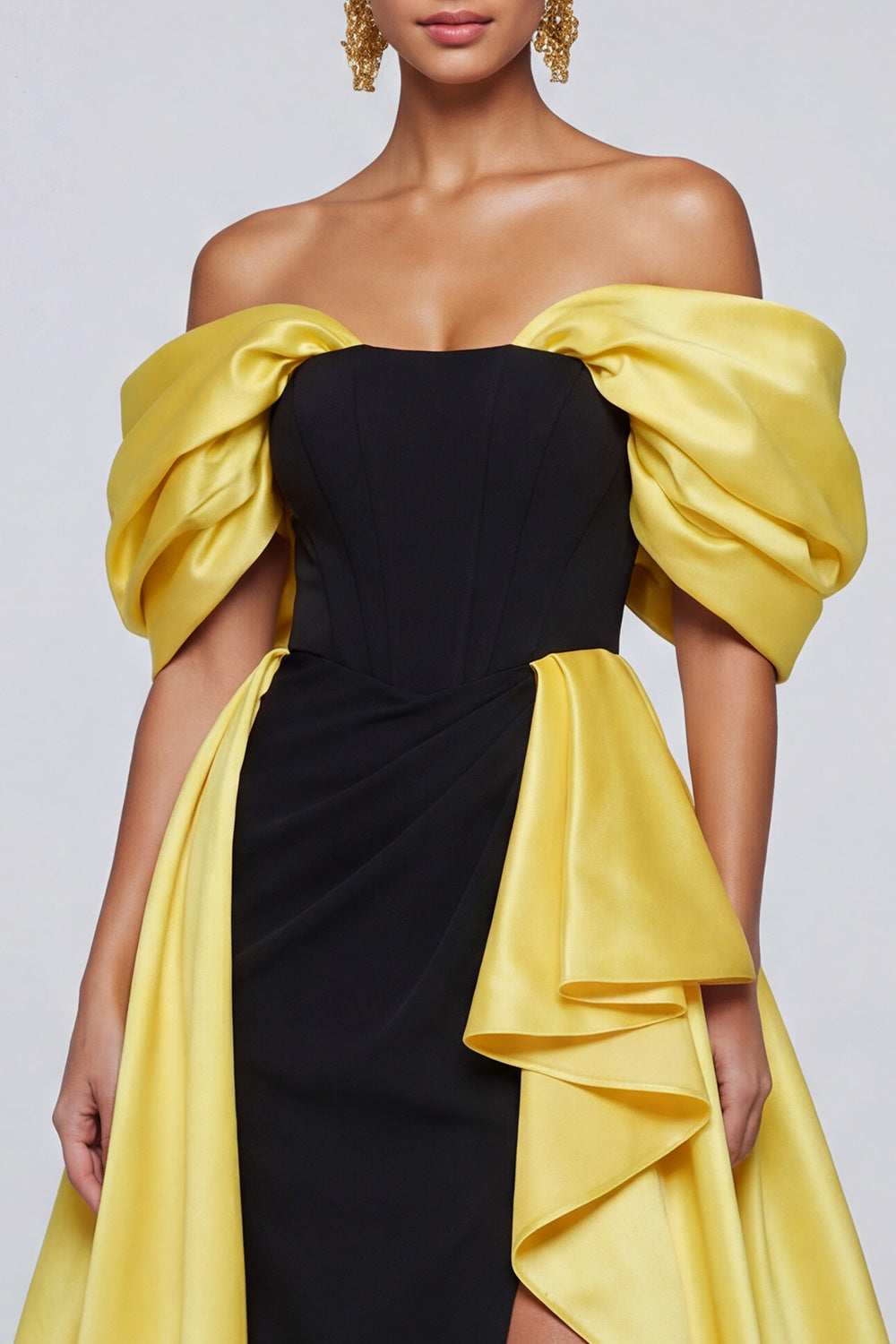 Black and Yellow Off the Shoulder Long Patchwork Ruffled Formal Dress with Slit