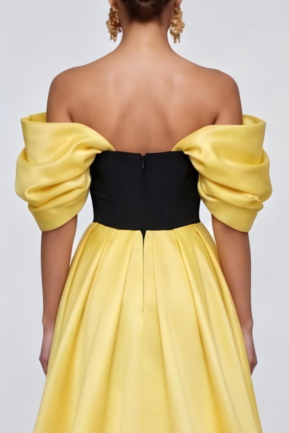 Black and Yellow Off the Shoulder Long Patchwork Ruffled Formal Dress with Slit