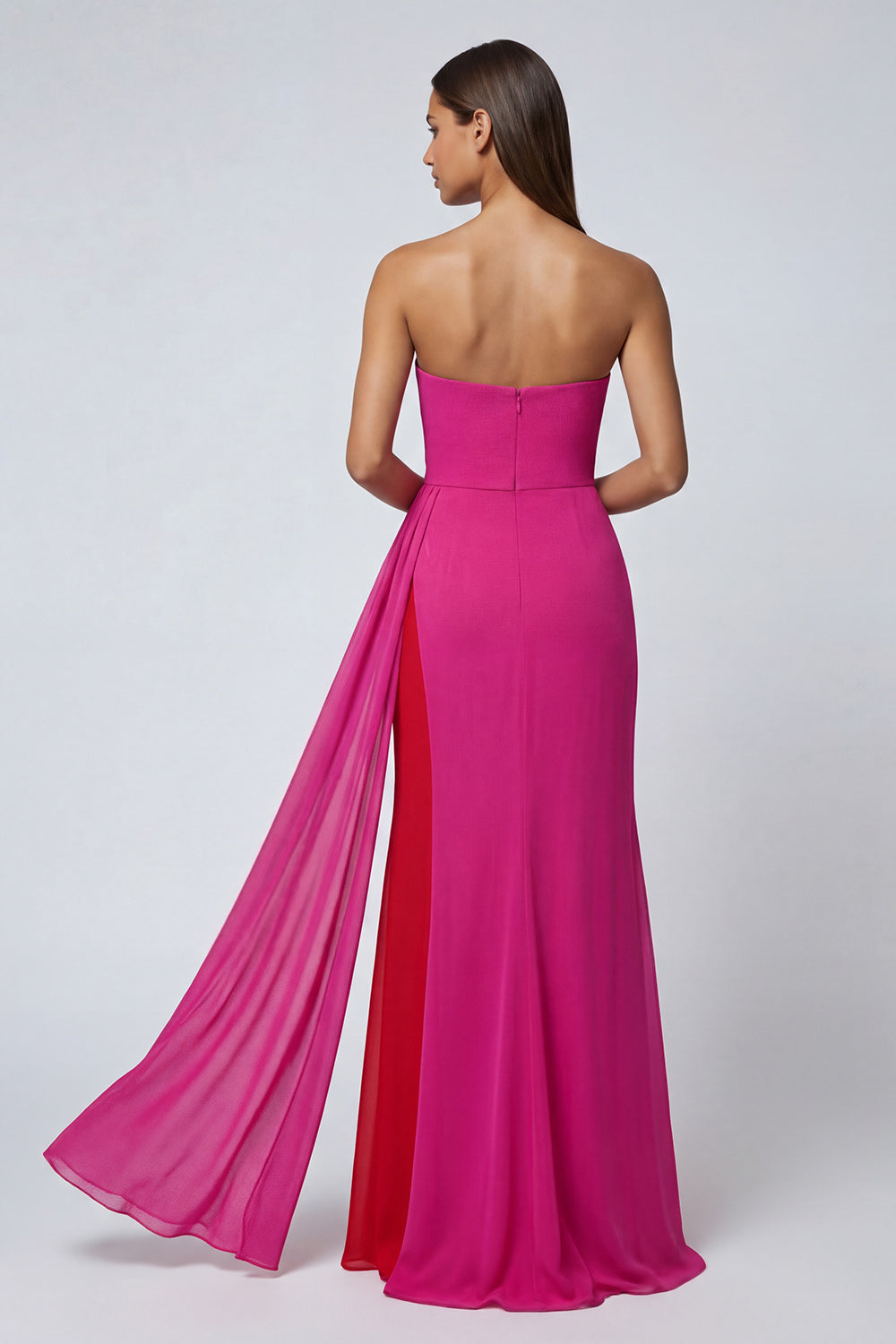 Fuchsia Strapless Mermaid Patchwork Long Formal Dress with Side Cape