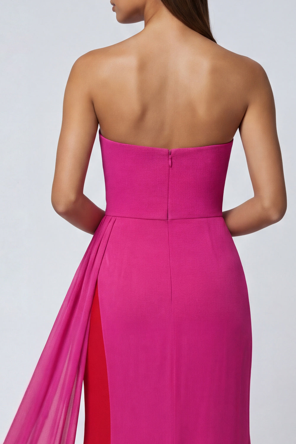 Fuchsia Strapless Mermaid Patchwork Long Formal Dress with Side Cape
