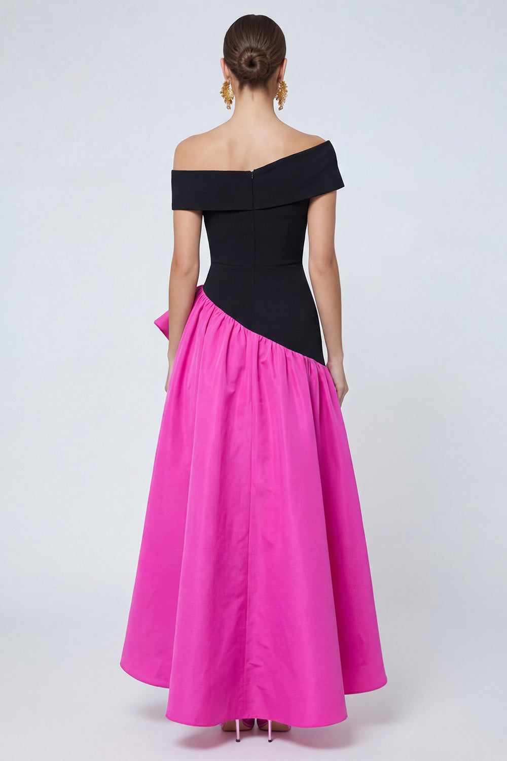 Fuchsia and Black Asymmetrical A Line Long Patchwork Formal Dress with Ruffles