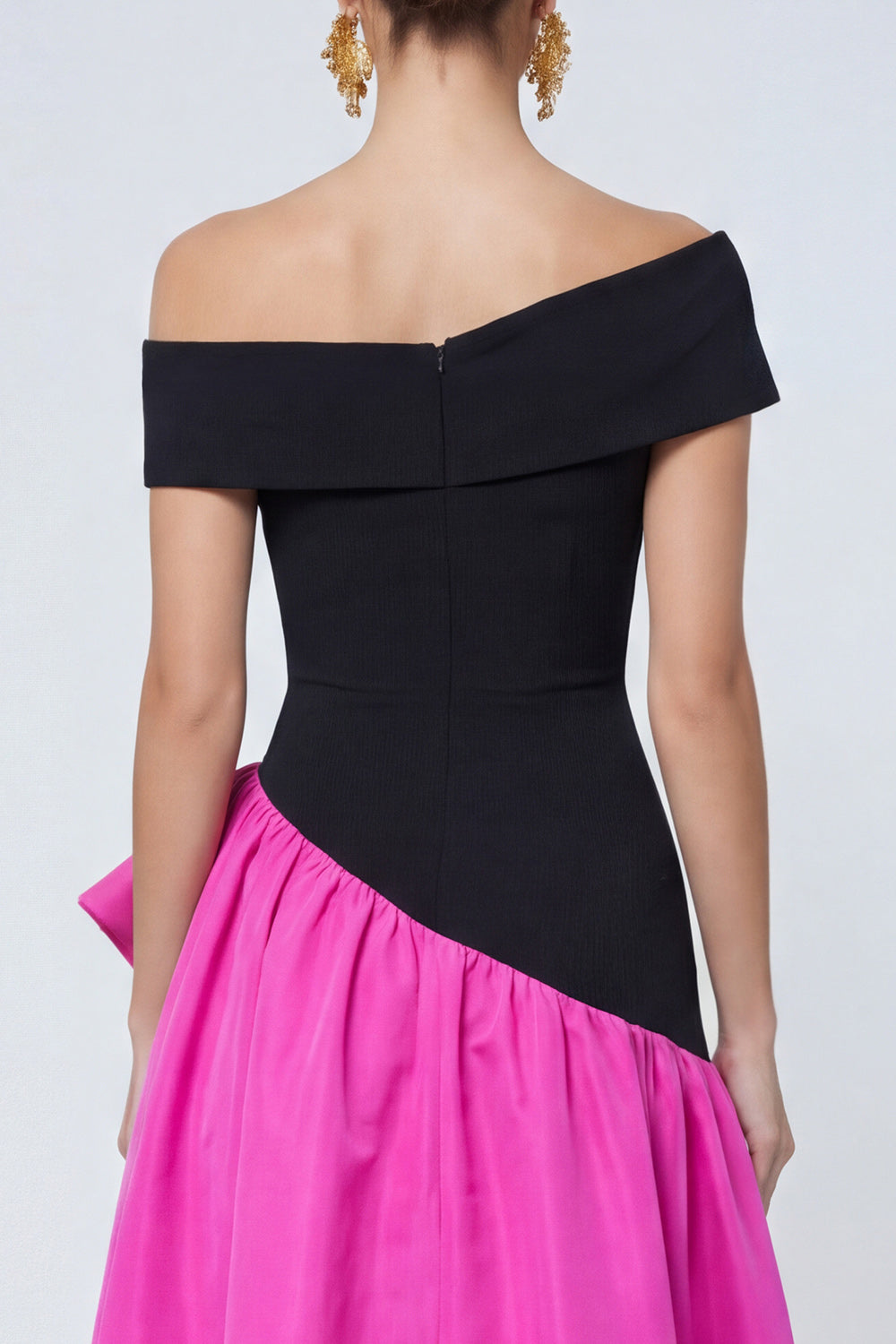 Fuchsia and Black Asymmetrical A Line Long Patchwork Formal Dress with Ruffles