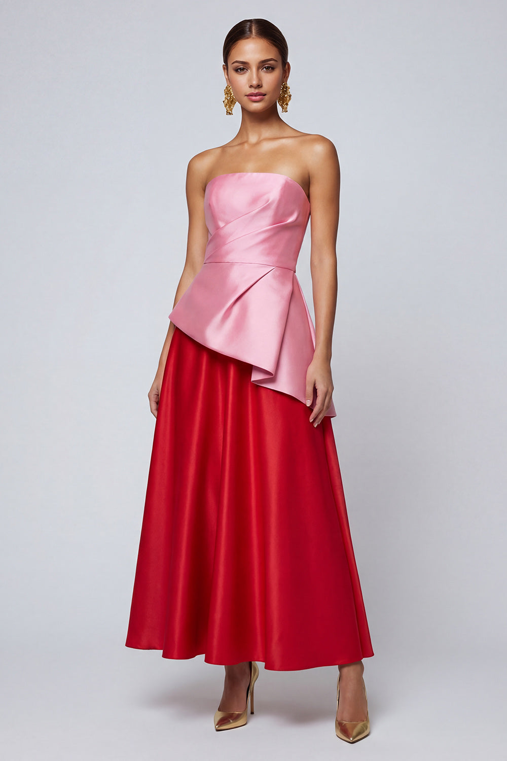 Pink and Red A Line Strapless Patchwork Ruffled Long Formal Dress