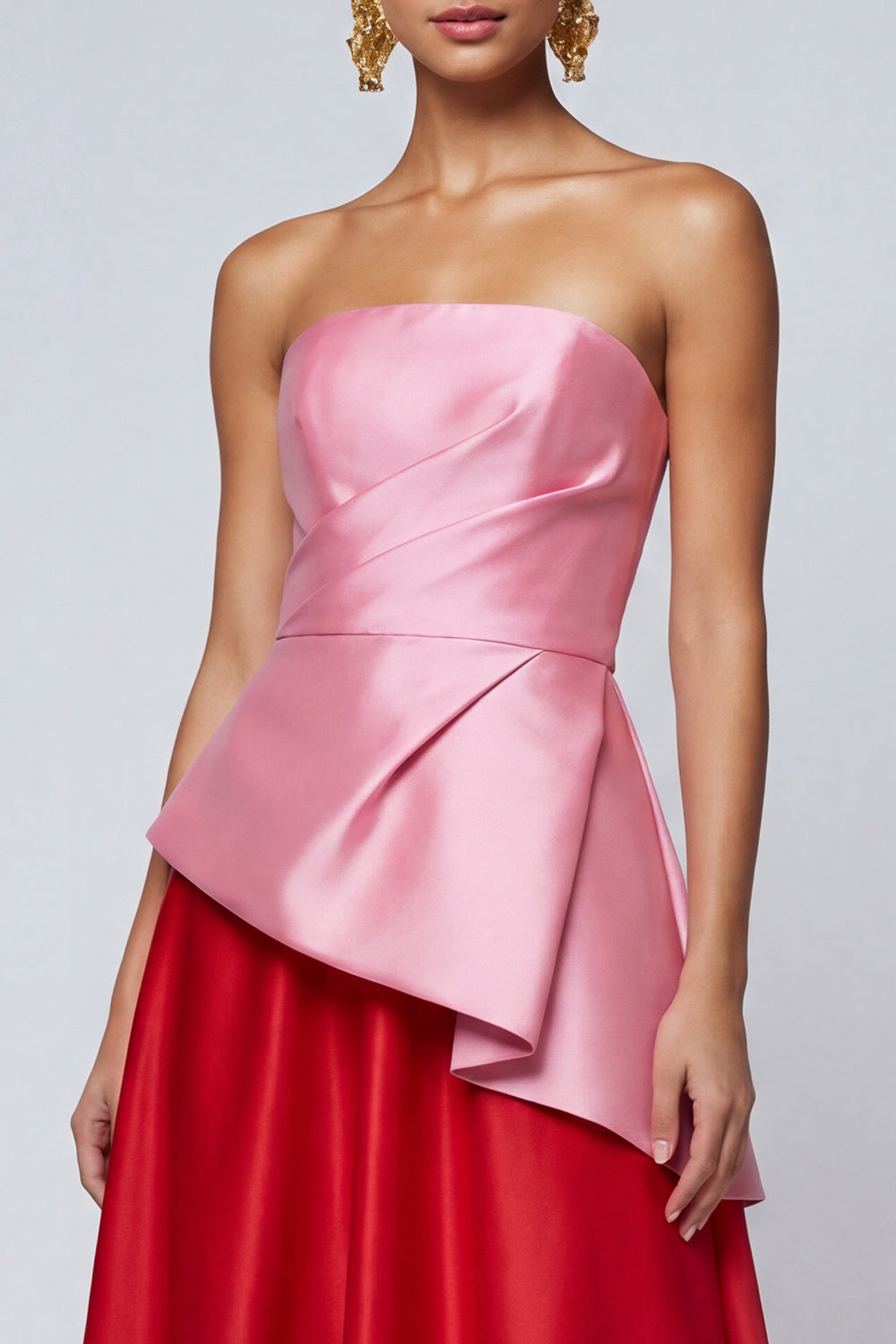 Pink and Red A Line Strapless Patchwork Ruffled Long Formal Dress