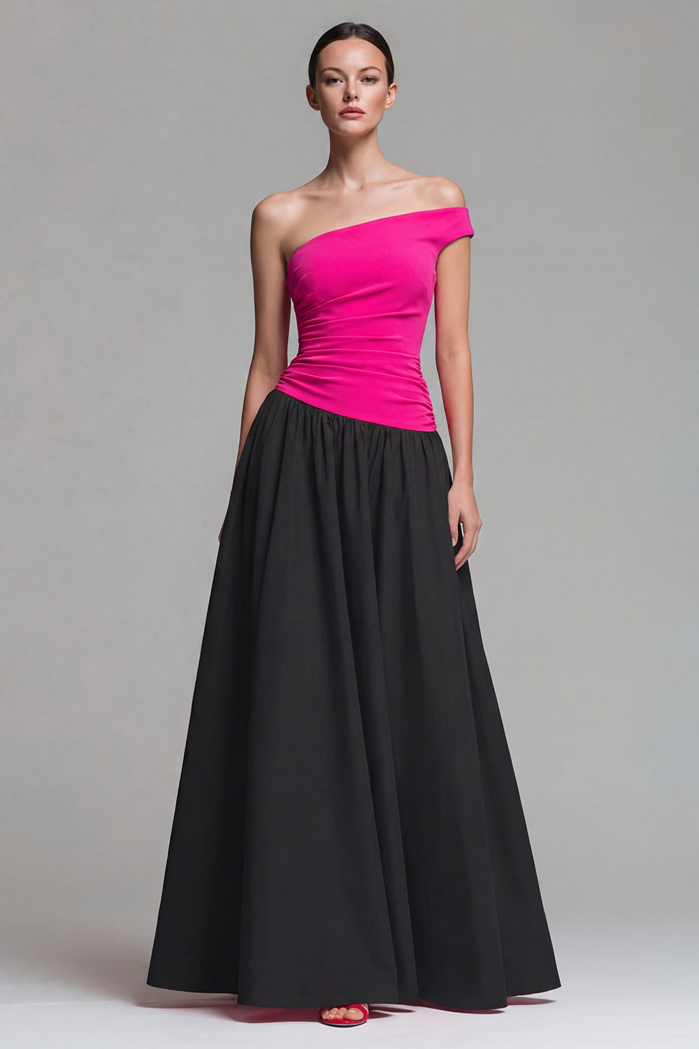 Fuchsia and Black A Line Patchwork One Shoulder Long Formal Dress