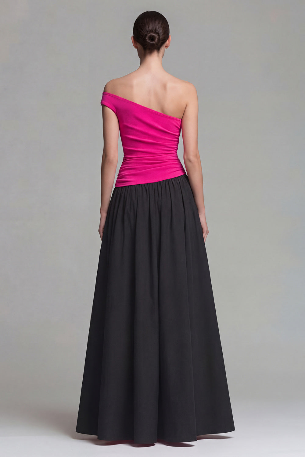 Fuchsia and Black A Line Patchwork One Shoulder Long Formal Dress
